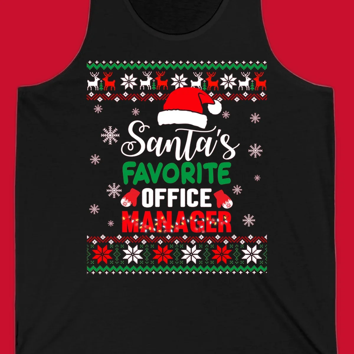 Santa's Favorite Office Manager text with Santa hat and Christmas elements.