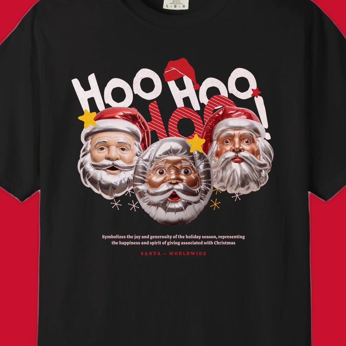 Three metallic Santa Claus faces with red hats and gold stars, text: HOO HOO HOO!, SANTA -- WORLDWIDE.