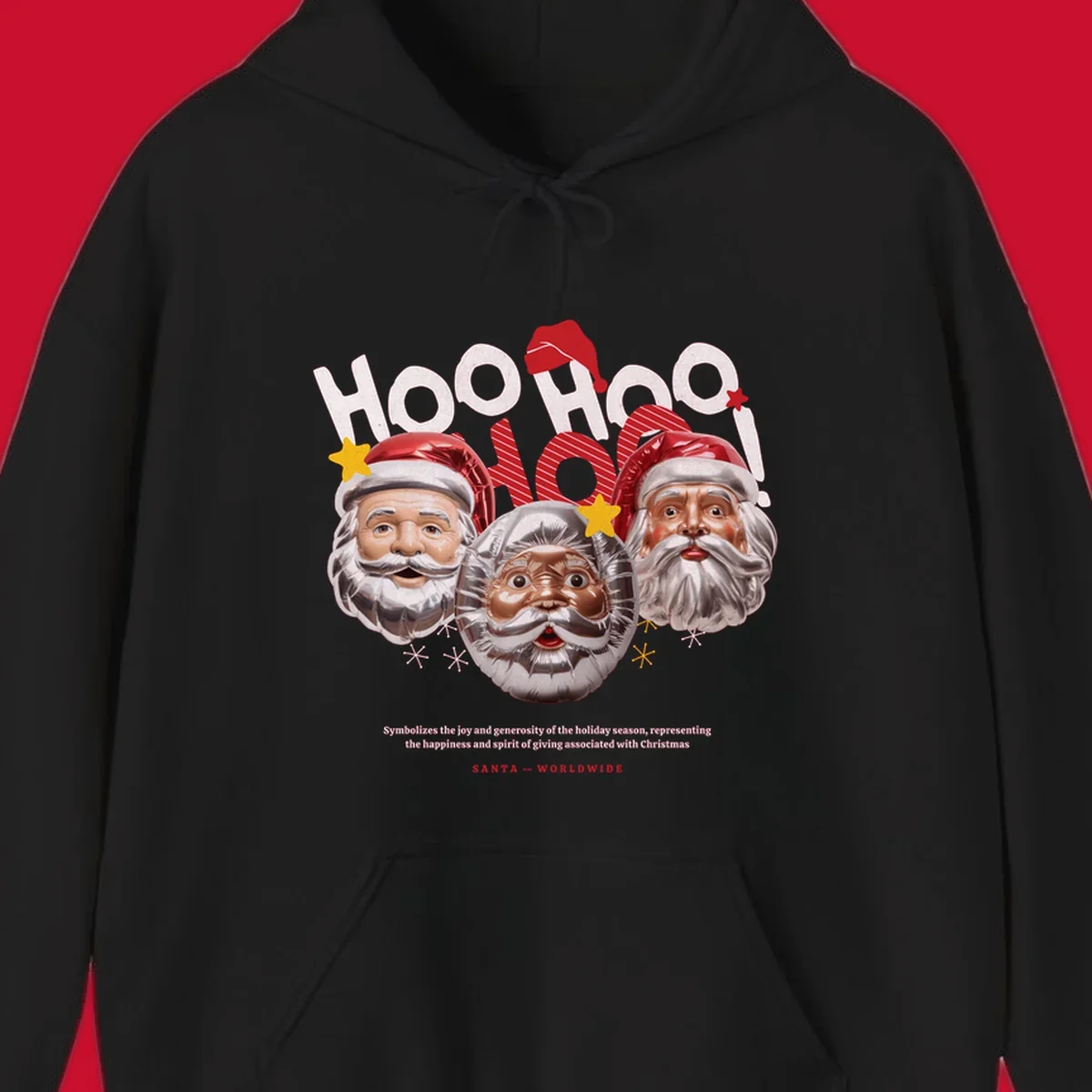 Three metallic Santa Claus faces with red hats and gold stars, text: HOO HOO HOO!, SANTA -- WORLDWIDE.