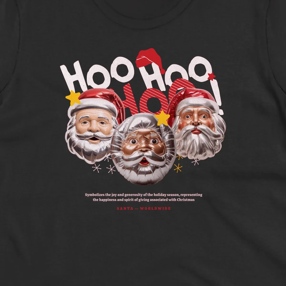 Three metallic Santa Claus faces with red hats and gold stars, text: HOO HOO HOO!, SANTA -- WORLDWIDE.
