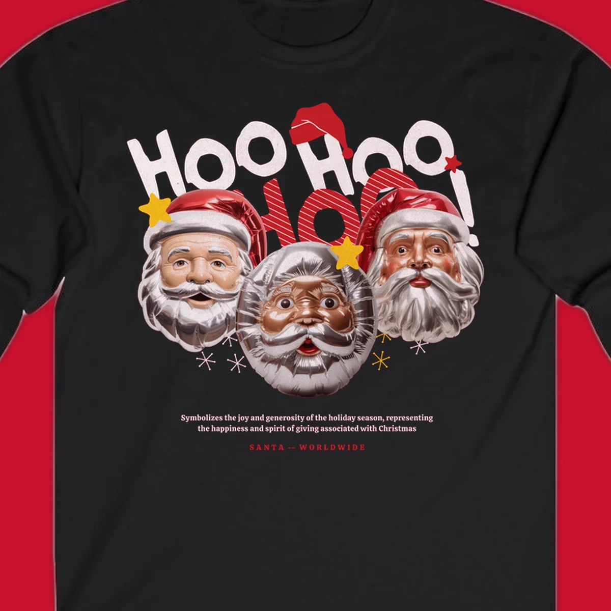 Three metallic Santa Claus faces with red hats and gold stars, text: HOO HOO HOO!, SANTA -- WORLDWIDE.
