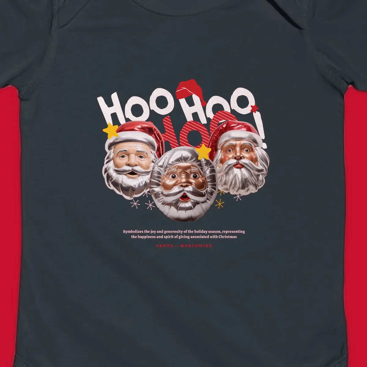Three metallic Santa Claus faces with red hats and gold stars, text: HOO HOO HOO!, SANTA -- WORLDWIDE.