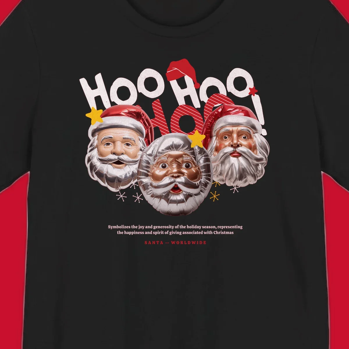 Three metallic Santa Claus faces with red hats and gold stars, text: HOO HOO HOO!, SANTA -- WORLDWIDE.