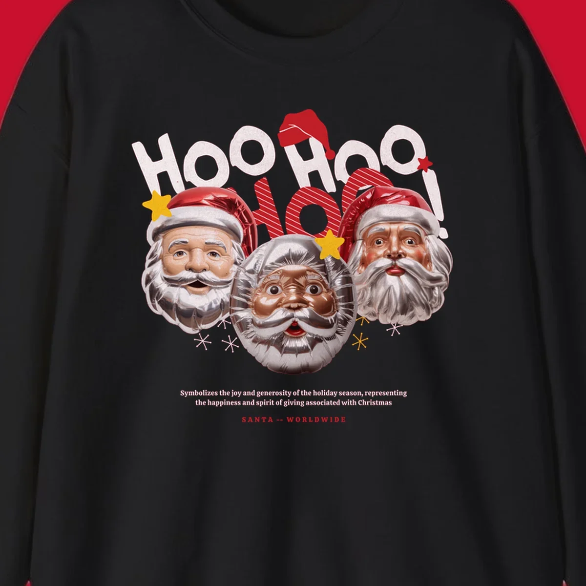 Three metallic Santa Claus faces with red hats and gold stars, text: HOO HOO HOO!, SANTA -- WORLDWIDE.