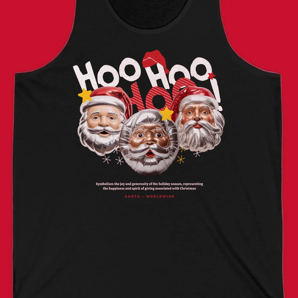 Three metallic Santa Claus faces with red hats and gold stars, text: HOO HOO HOO!, SANTA -- WORLDWIDE.