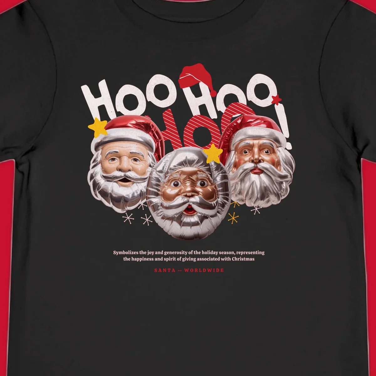Three metallic Santa Claus faces with red hats and gold stars, text: HOO HOO HOO!, SANTA -- WORLDWIDE.