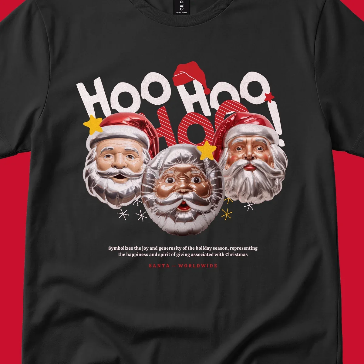 Three metallic Santa Claus faces with red hats and gold stars, text: HOO HOO HOO!, SANTA -- WORLDWIDE.