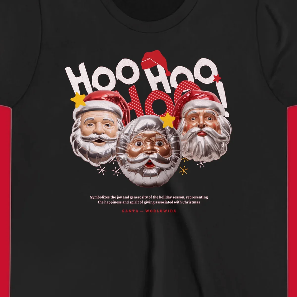 Three metallic Santa Claus faces with red hats and gold stars, text: HOO HOO HOO!, SANTA -- WORLDWIDE.