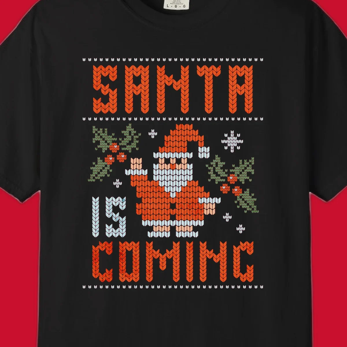 Santa is coming ugly Christmas sweater with pixelated Santa, holly, and snowflakes.