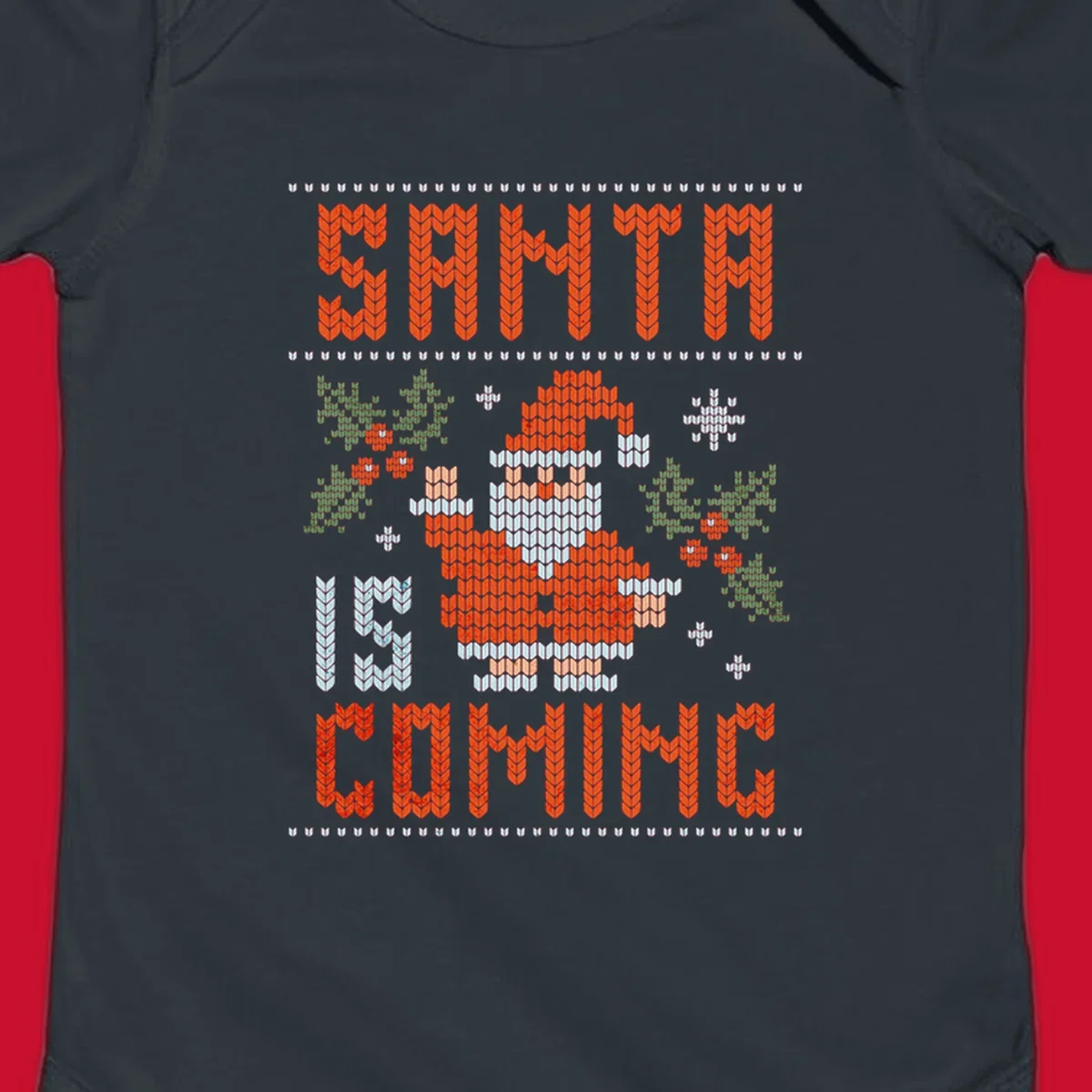 Santa is coming ugly Christmas sweater with pixelated Santa, holly, and snowflakes.