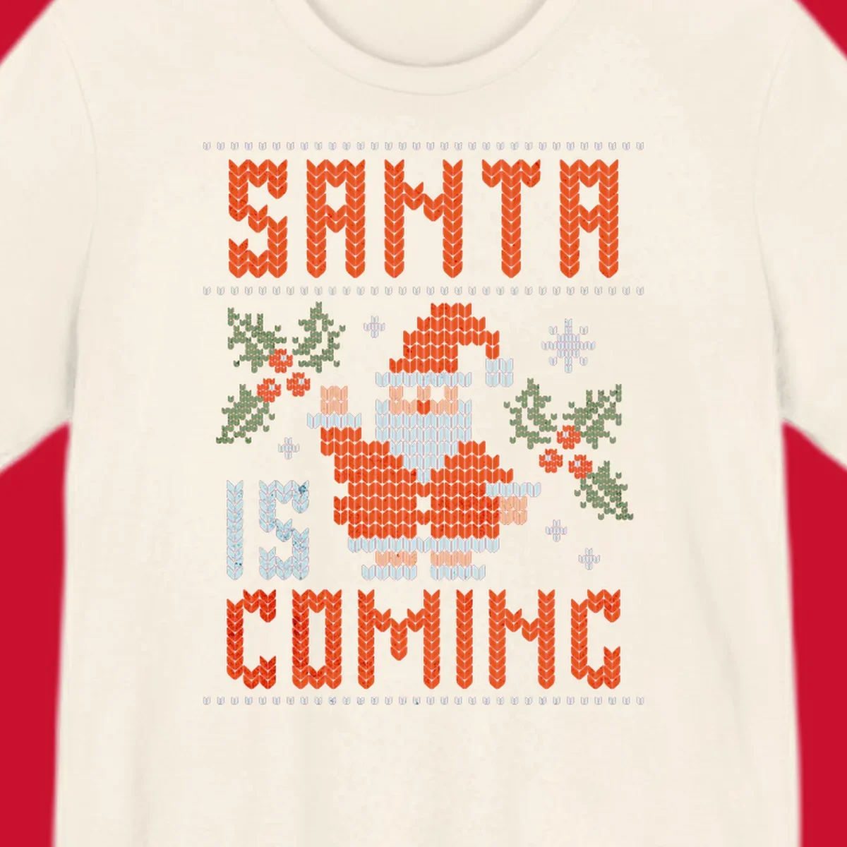 Santa is coming ugly Christmas sweater with pixelated Santa, holly, and snowflakes.