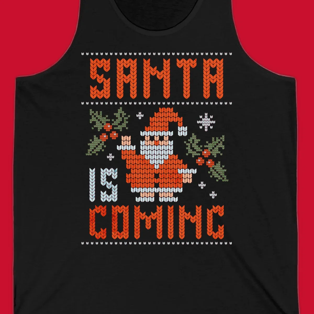 Santa is coming ugly Christmas sweater with pixelated Santa, holly, and snowflakes.