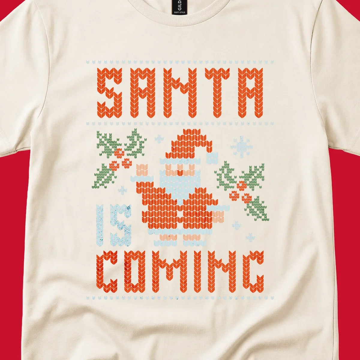 Santa is coming ugly Christmas sweater with pixelated Santa, holly, and snowflakes.