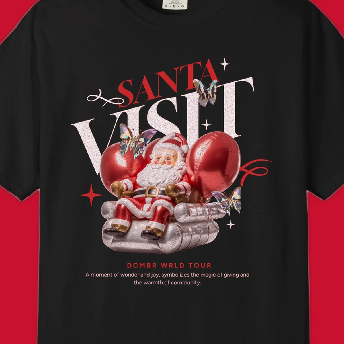 Santa Claus on balloons with butterflies, text 'Santa Visit' and 'DCMBR WRLD TOUR' for Santa world tour.