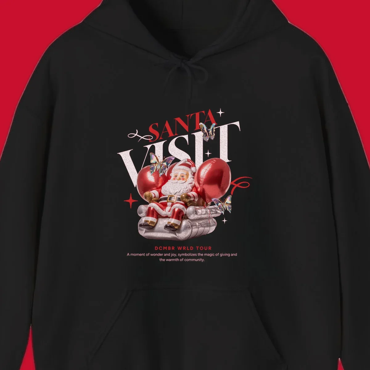 Santa Claus on balloons with butterflies, text 'Santa Visit' and 'DCMBR WRLD TOUR' for Santa world tour.