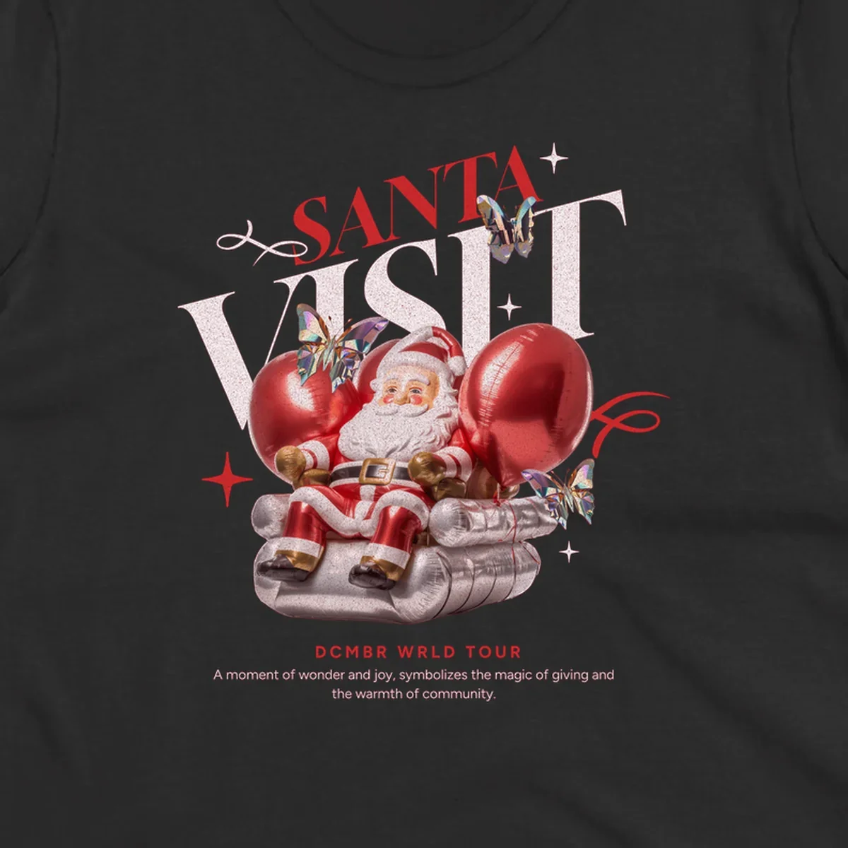 Santa Claus on balloons with butterflies, text 'Santa Visit' and 'DCMBR WRLD TOUR' for Santa world tour.