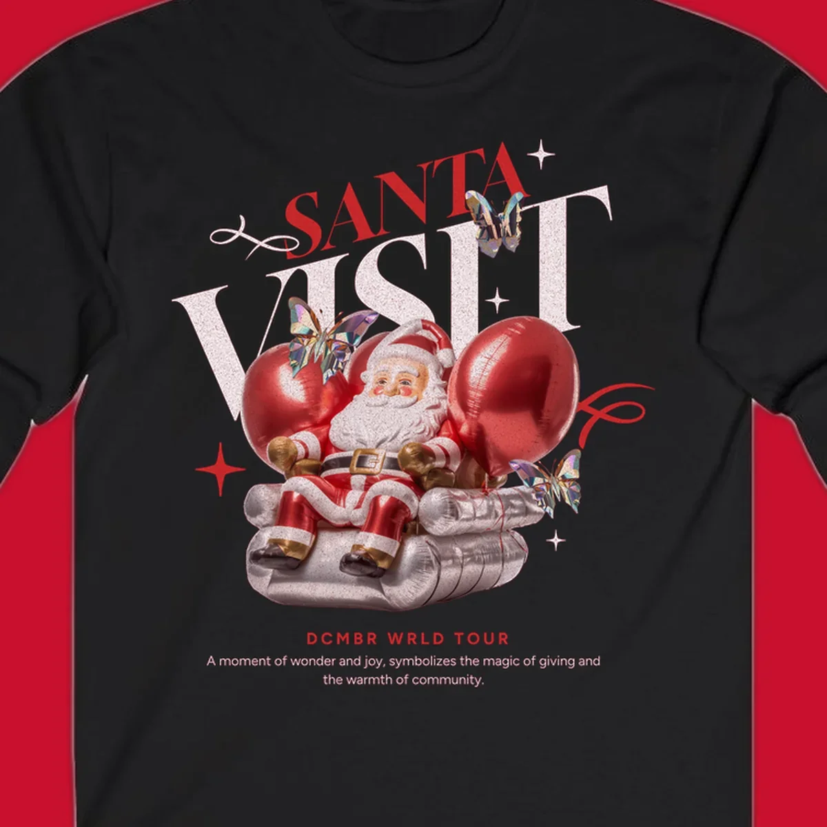 Santa Claus on balloons with butterflies, text 'Santa Visit' and 'DCMBR WRLD TOUR' for Santa world tour.