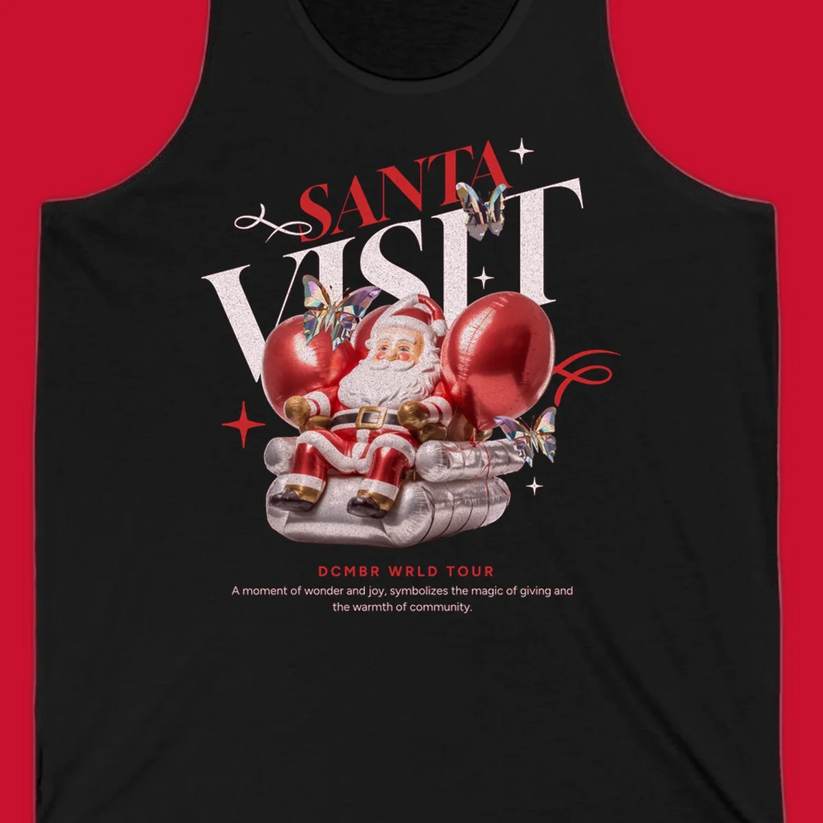 Santa Claus on balloons with butterflies, text 'Santa Visit' and 'DCMBR WRLD TOUR' for Santa world tour.