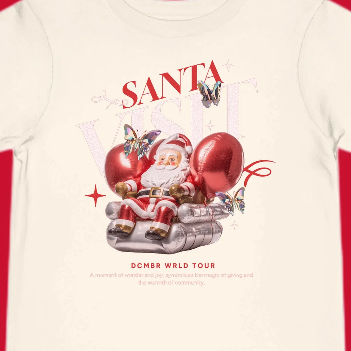 Santa Claus on balloons with butterflies, text 'Santa Visit' and 'DCMBR WRLD TOUR' for Santa world tour.