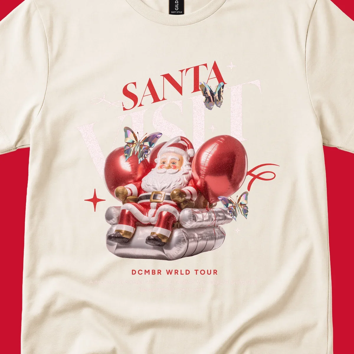 Santa Claus on balloons with butterflies, text 'Santa Visit' and 'DCMBR WRLD TOUR' for Santa world tour.