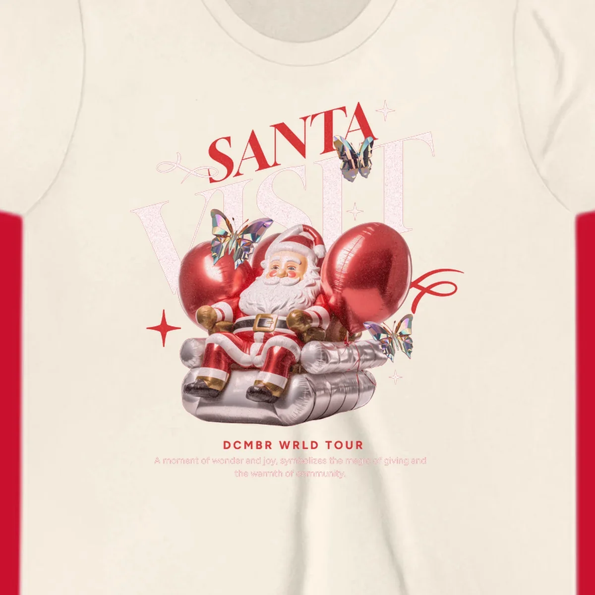 Santa Claus on balloons with butterflies, text 'Santa Visit' and 'DCMBR WRLD TOUR' for Santa world tour.