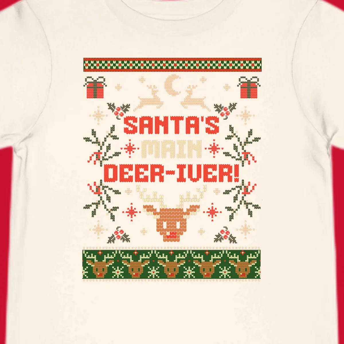 Santa's Main Deer-iver text with reindeer, holly, and presents, in an ugly Christmas sweater style.