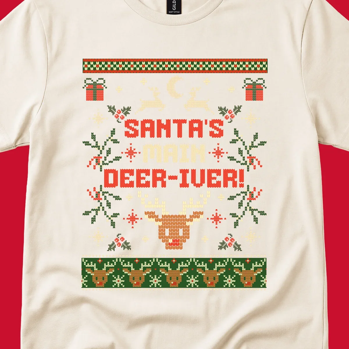 Santa's Main Deer-iver text with reindeer, holly, and presents, in an ugly Christmas sweater style.