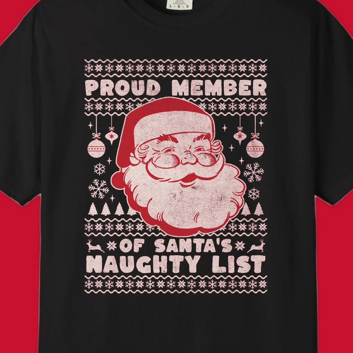 Illustration of Santa's head with text 'Proud Member Of Santa's Naughty List' and Christmas elements.
