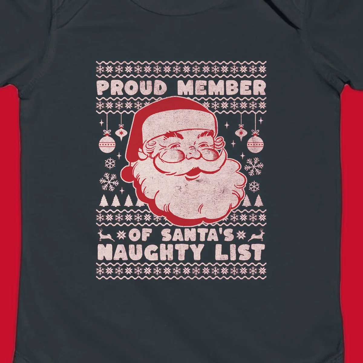 Illustration of Santa's head with text 'Proud Member Of Santa's Naughty List' and Christmas elements.