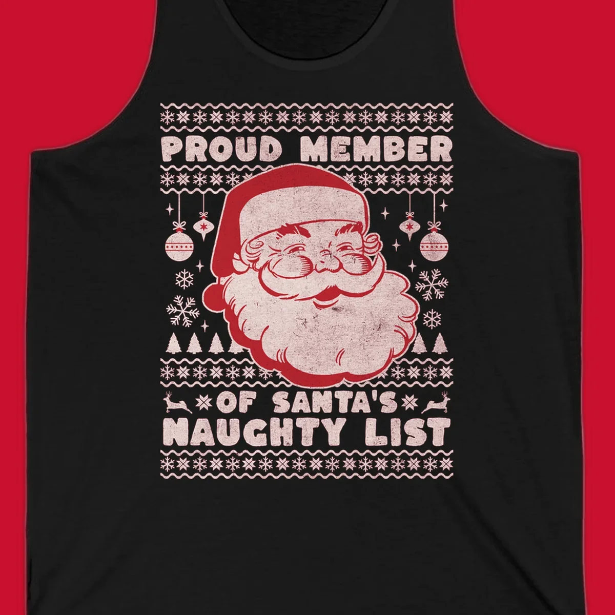 Illustration of Santa's head with text 'Proud Member Of Santa's Naughty List' and Christmas elements.