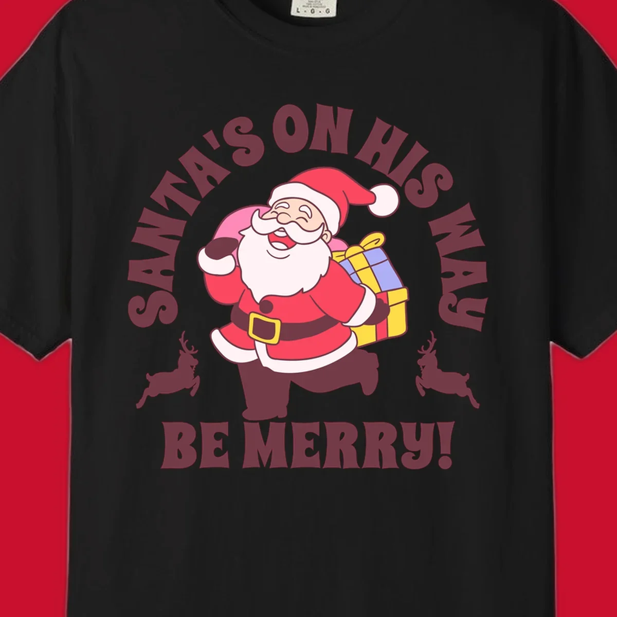 Illustration of Santa Claus running with gifts and reindeer, text reads Santa's on His Way Be Merry.