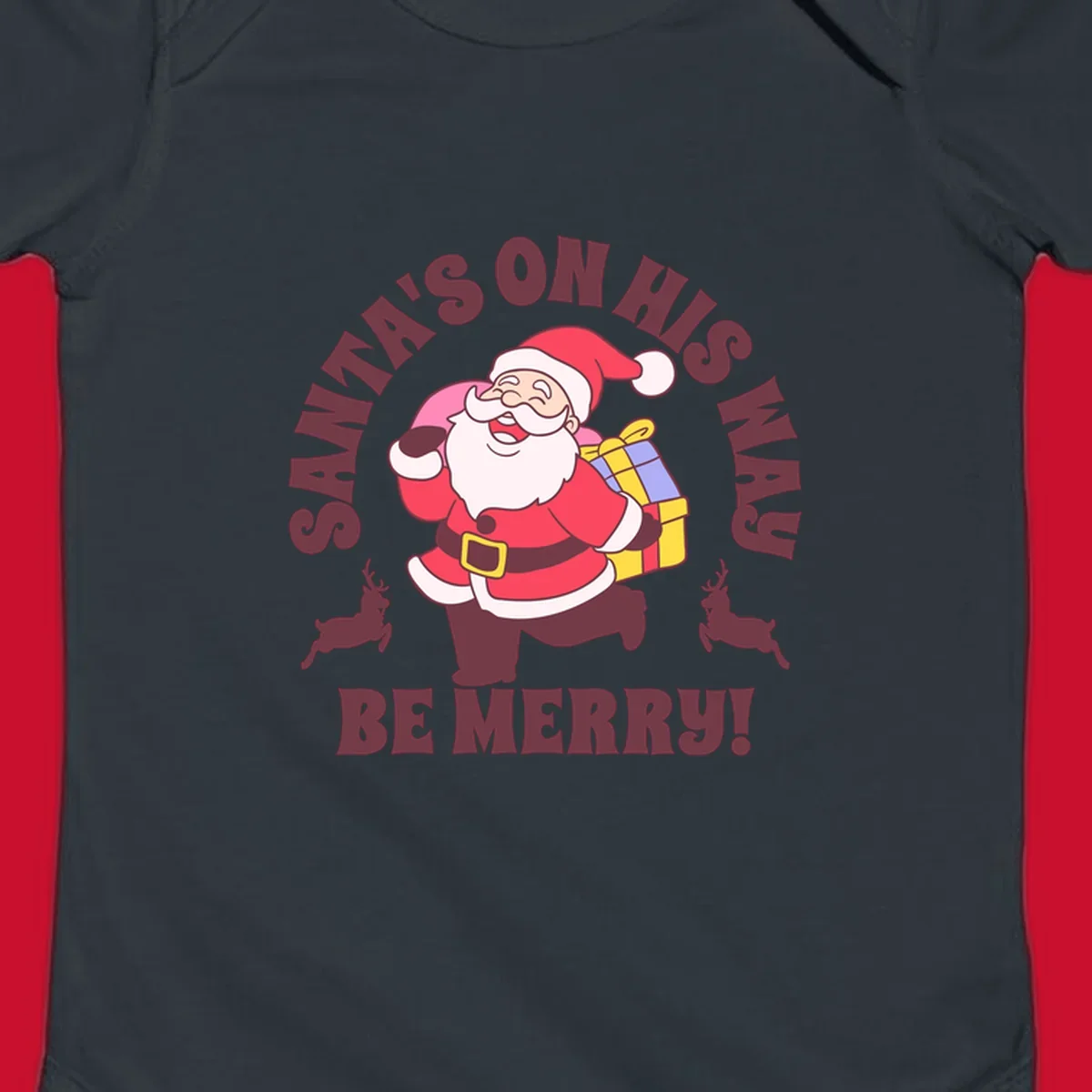 Illustration of Santa Claus running with gifts and reindeer, text reads Santa's on His Way Be Merry.