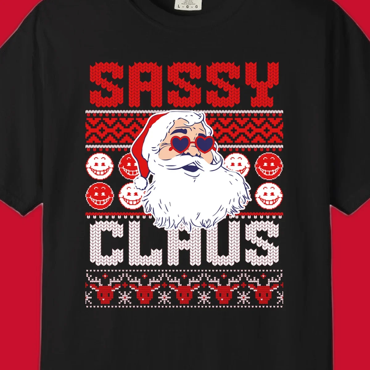 Sassy Santa Claus illustration with heart sunglasses and knitted text for a bold holiday statement.