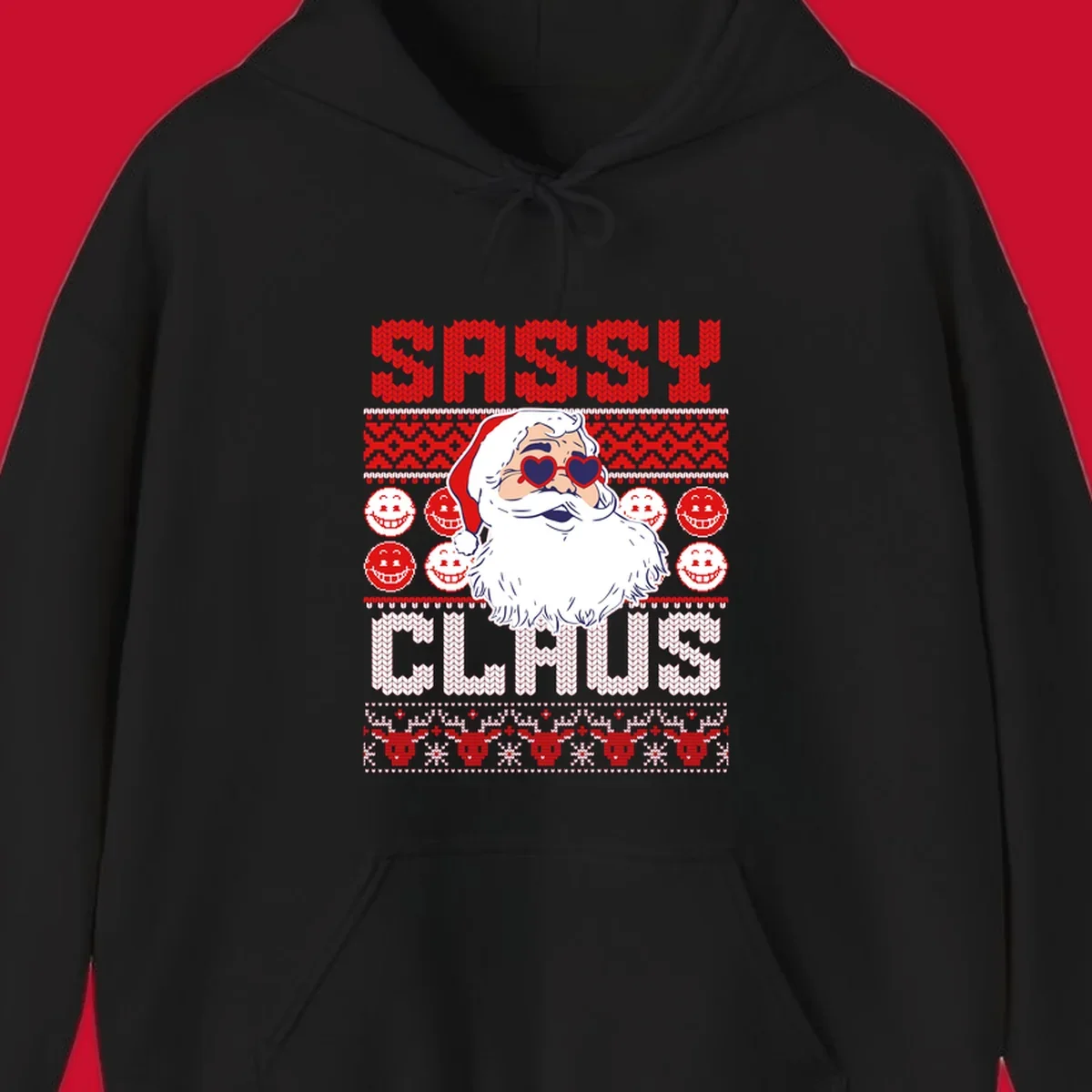 Sassy Santa Claus illustration with heart sunglasses and knitted text for a bold holiday statement.