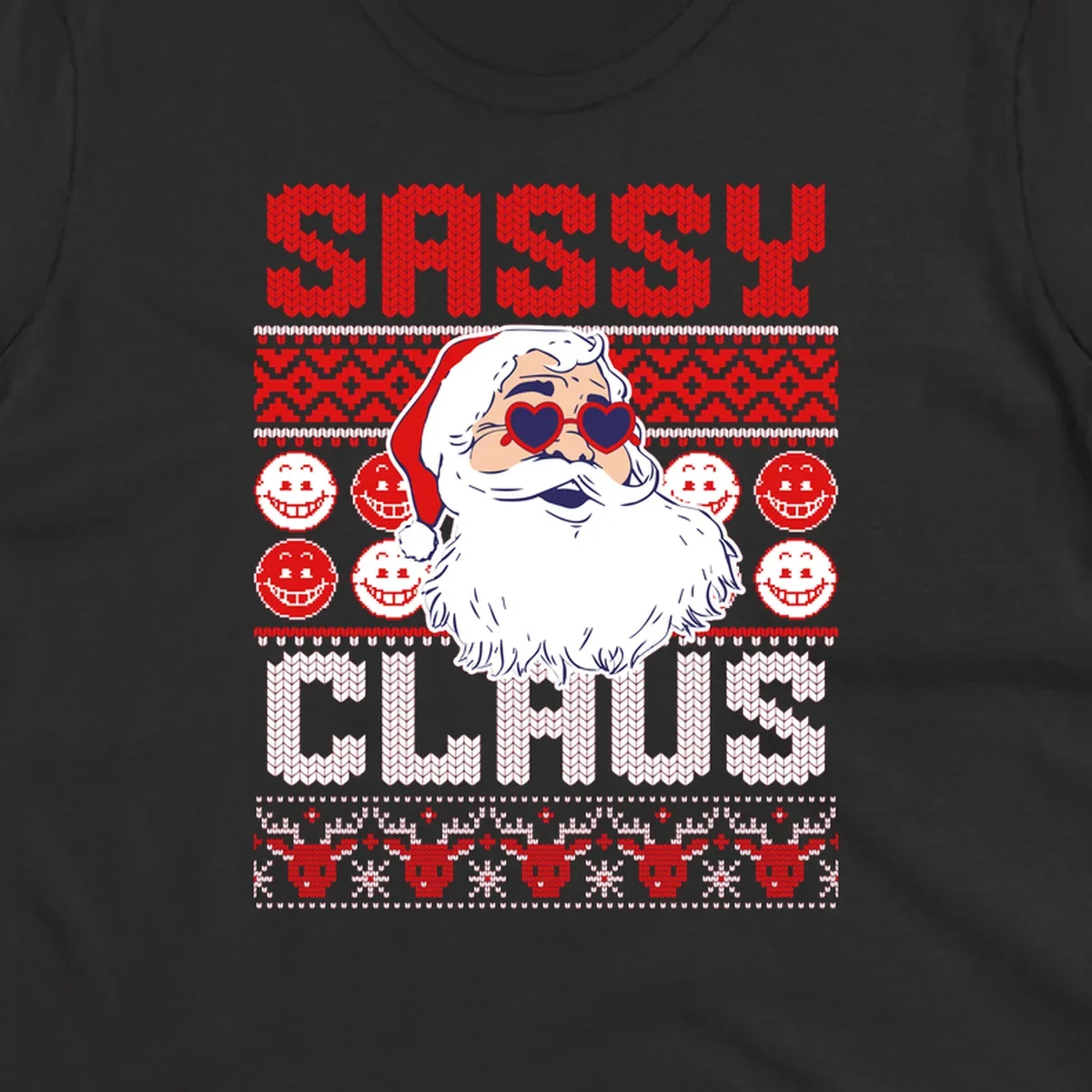 Sassy Santa Claus illustration with heart sunglasses and knitted text for a bold holiday statement.