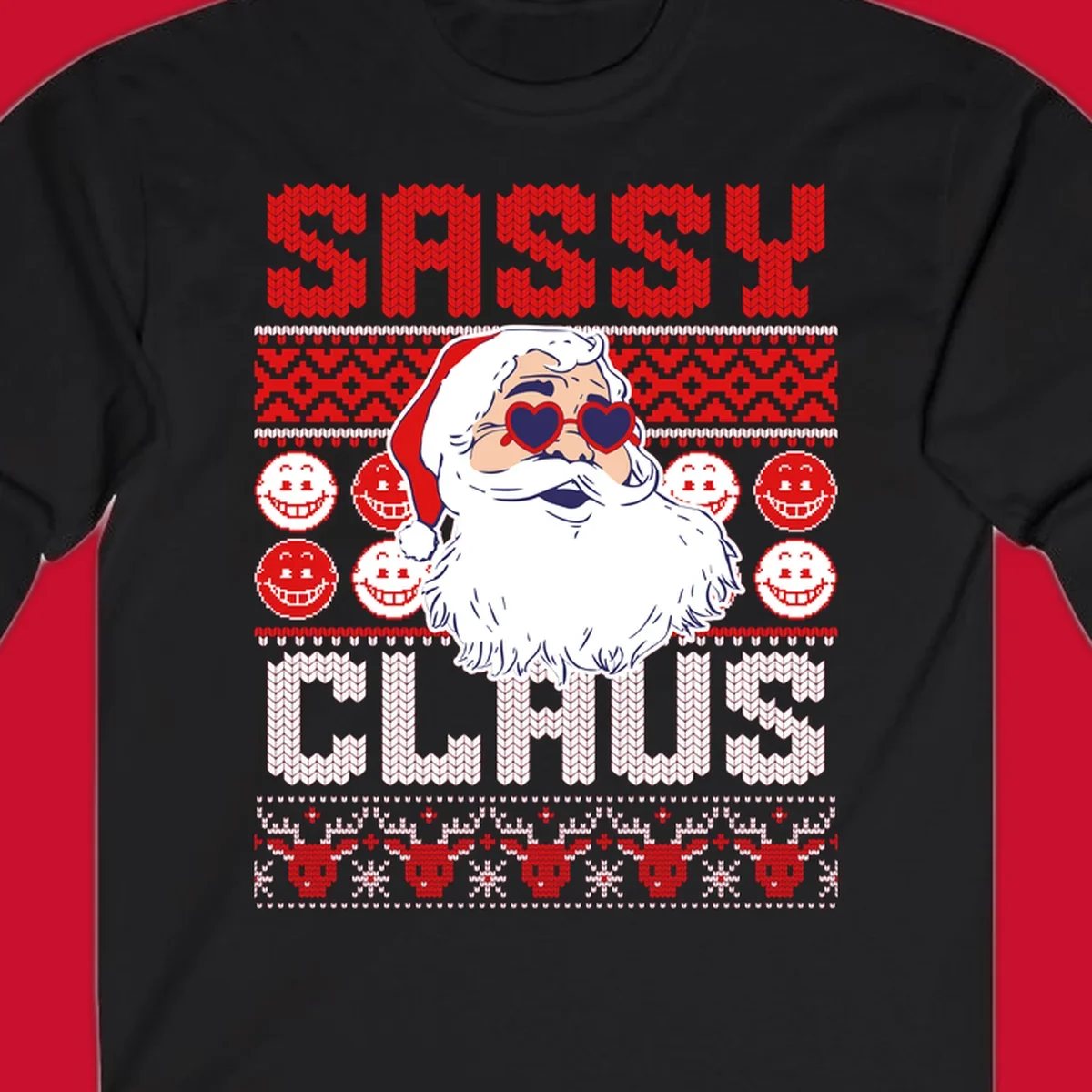 Sassy Santa Claus illustration with heart sunglasses and knitted text for a bold holiday statement.