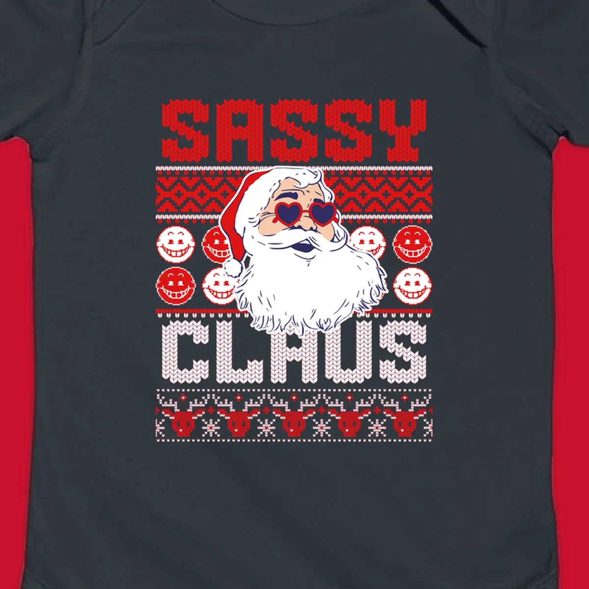 Sassy Santa Claus illustration with heart sunglasses and knitted text for a bold holiday statement.