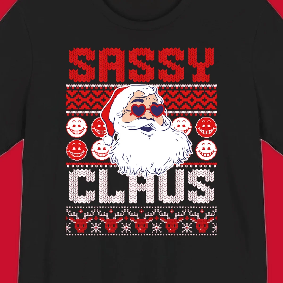 Sassy Santa Claus illustration with heart sunglasses and knitted text for a bold holiday statement.