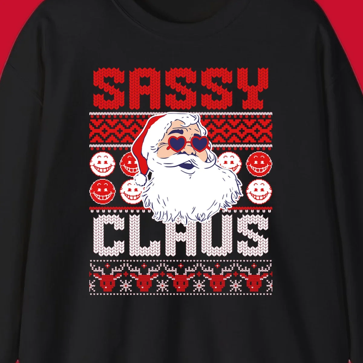 Sassy Santa Claus illustration with heart sunglasses and knitted text for a bold holiday statement.