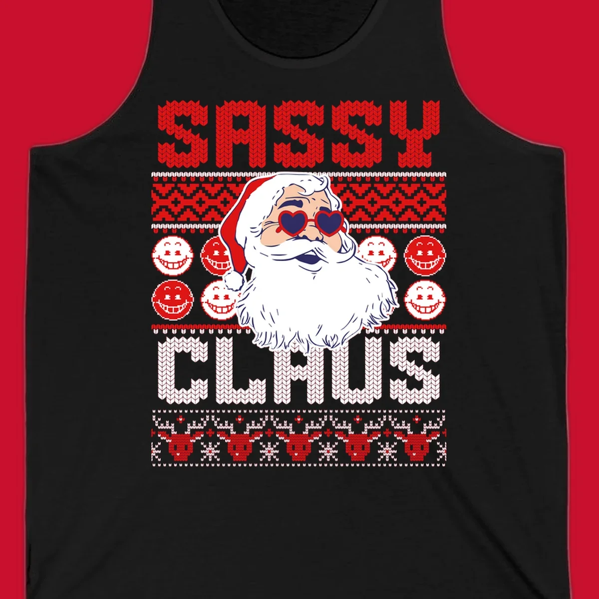 Sassy Santa Claus illustration with heart sunglasses and knitted text for a bold holiday statement.