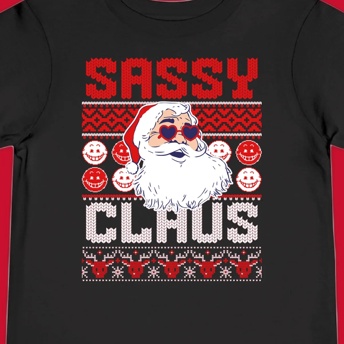 Sassy Santa Claus illustration with heart sunglasses and knitted text for a bold holiday statement.