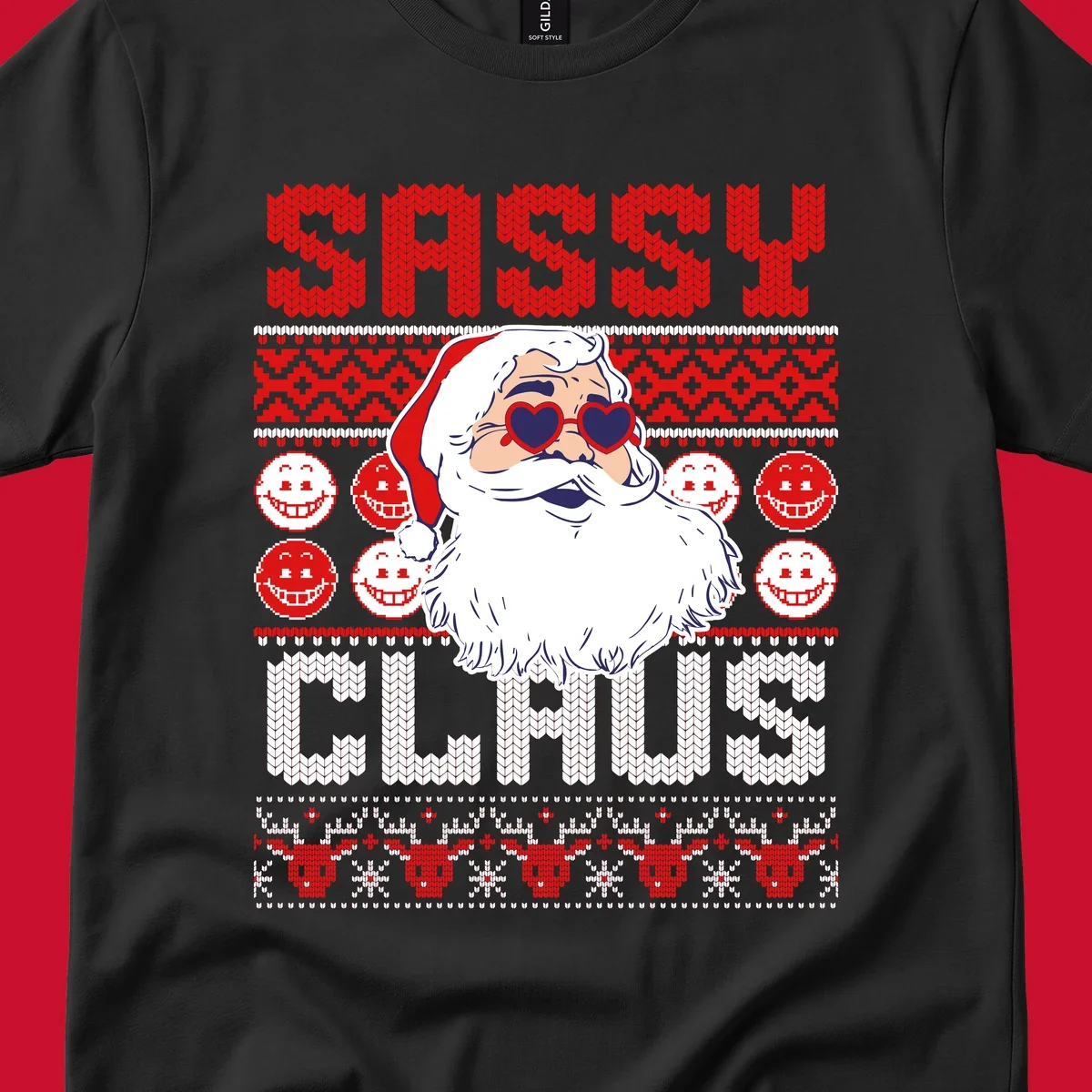 Sassy Santa Claus illustration with heart sunglasses and knitted text for a bold holiday statement.
