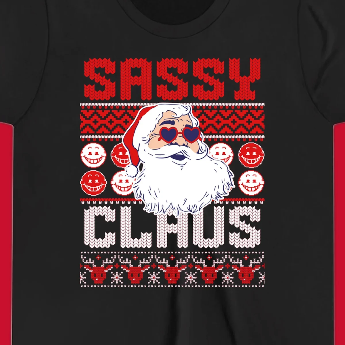 Sassy Santa Claus illustration with heart sunglasses and knitted text for a bold holiday statement.