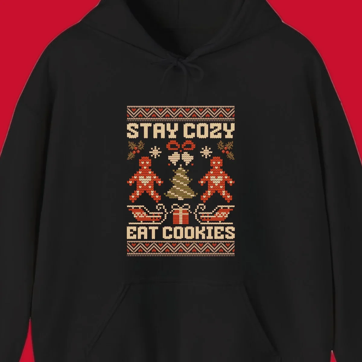 Ugly Christmas sweater design with text 'STAY COZY EAT COOKIES', gingerbread men, and festive holiday graphics.