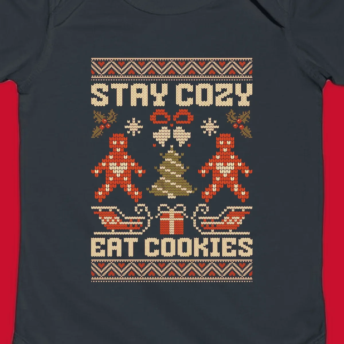 Ugly Christmas sweater design with text 'STAY COZY EAT COOKIES', gingerbread men, and festive holiday graphics.