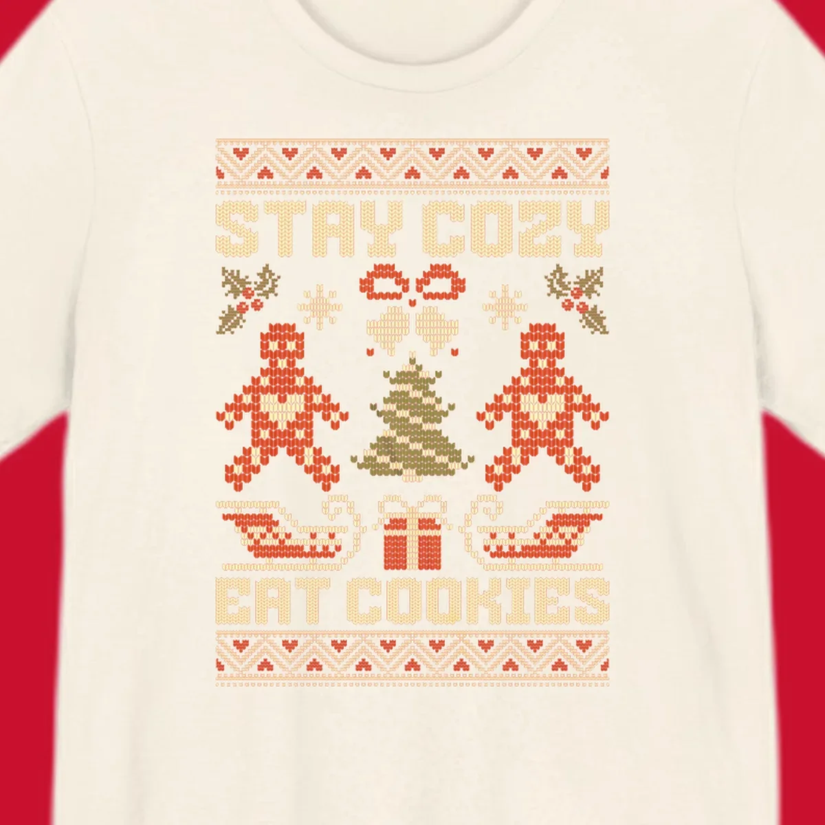 Ugly Christmas sweater design with text 'STAY COZY EAT COOKIES', gingerbread men, and festive holiday graphics.