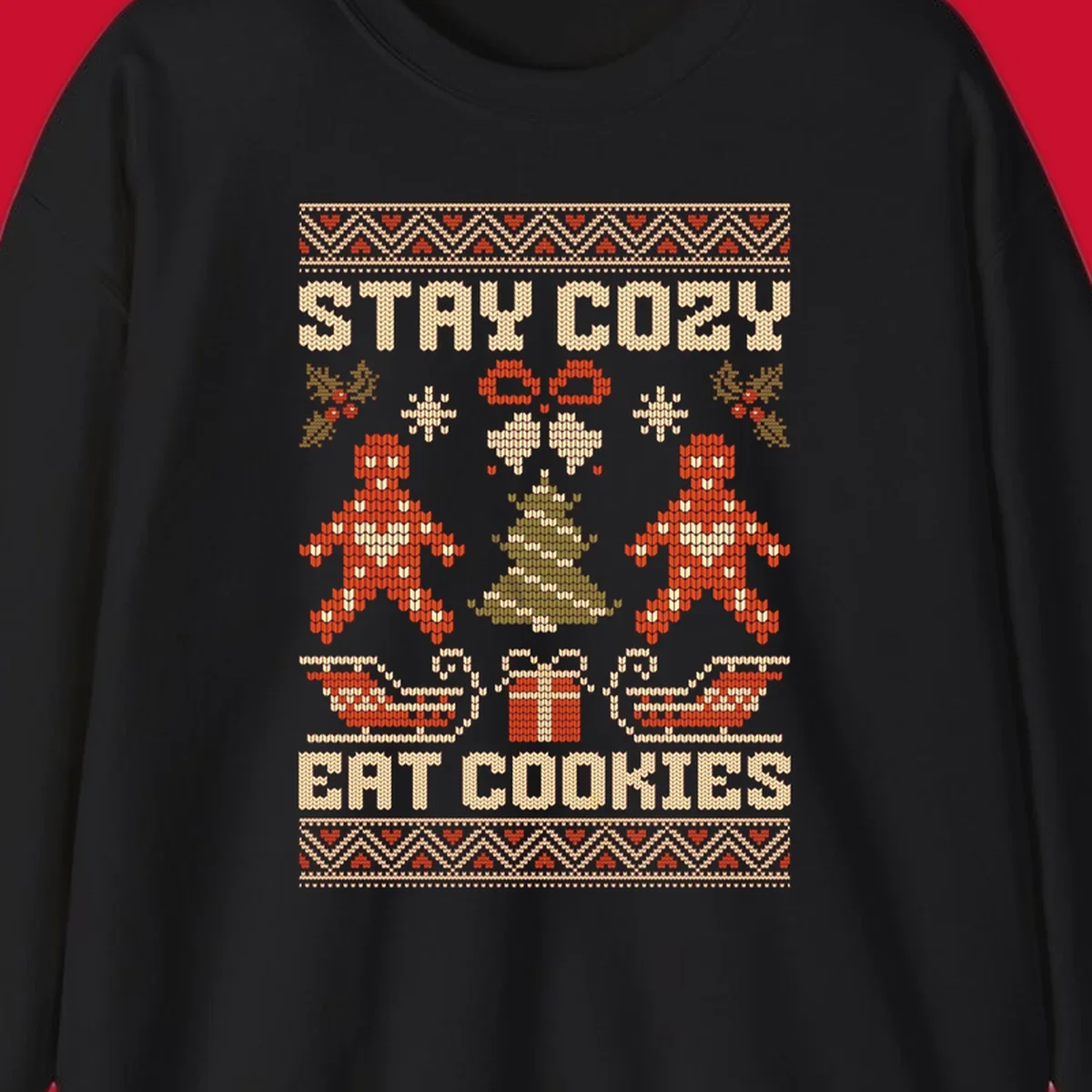 Ugly Christmas sweater design with text 'STAY COZY EAT COOKIES', gingerbread men, and festive holiday graphics.