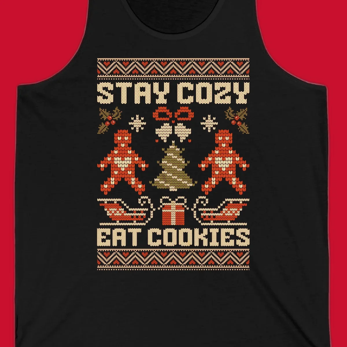 Ugly Christmas sweater design with text 'STAY COZY EAT COOKIES', gingerbread men, and festive holiday graphics.