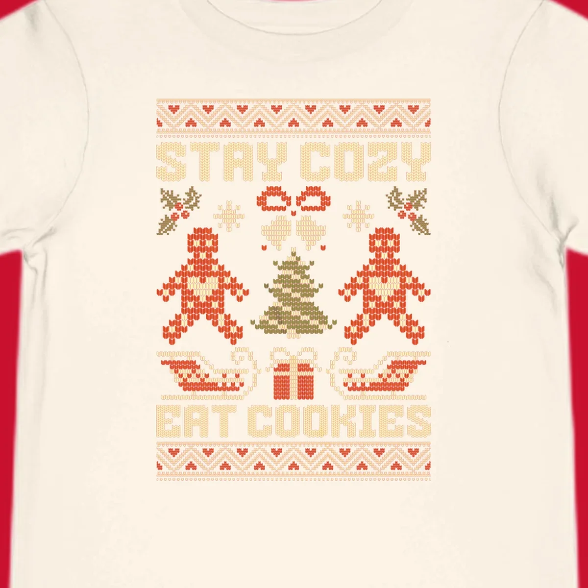 Ugly Christmas sweater design with text 'STAY COZY EAT COOKIES', gingerbread men, and festive holiday graphics.