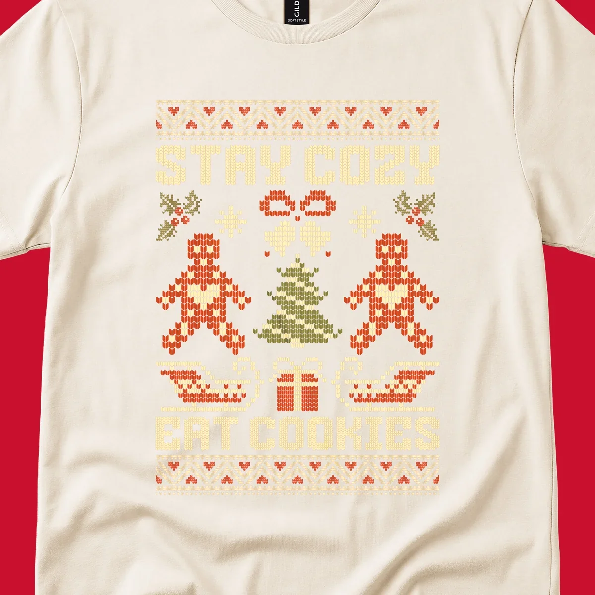 Ugly Christmas sweater design with text 'STAY COZY EAT COOKIES', gingerbread men, and festive holiday graphics.